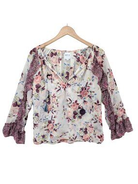 MISA Los Angeles Sia Top Womens Burgundy Floral Semi Sheer Ruffle Chiffon Size S